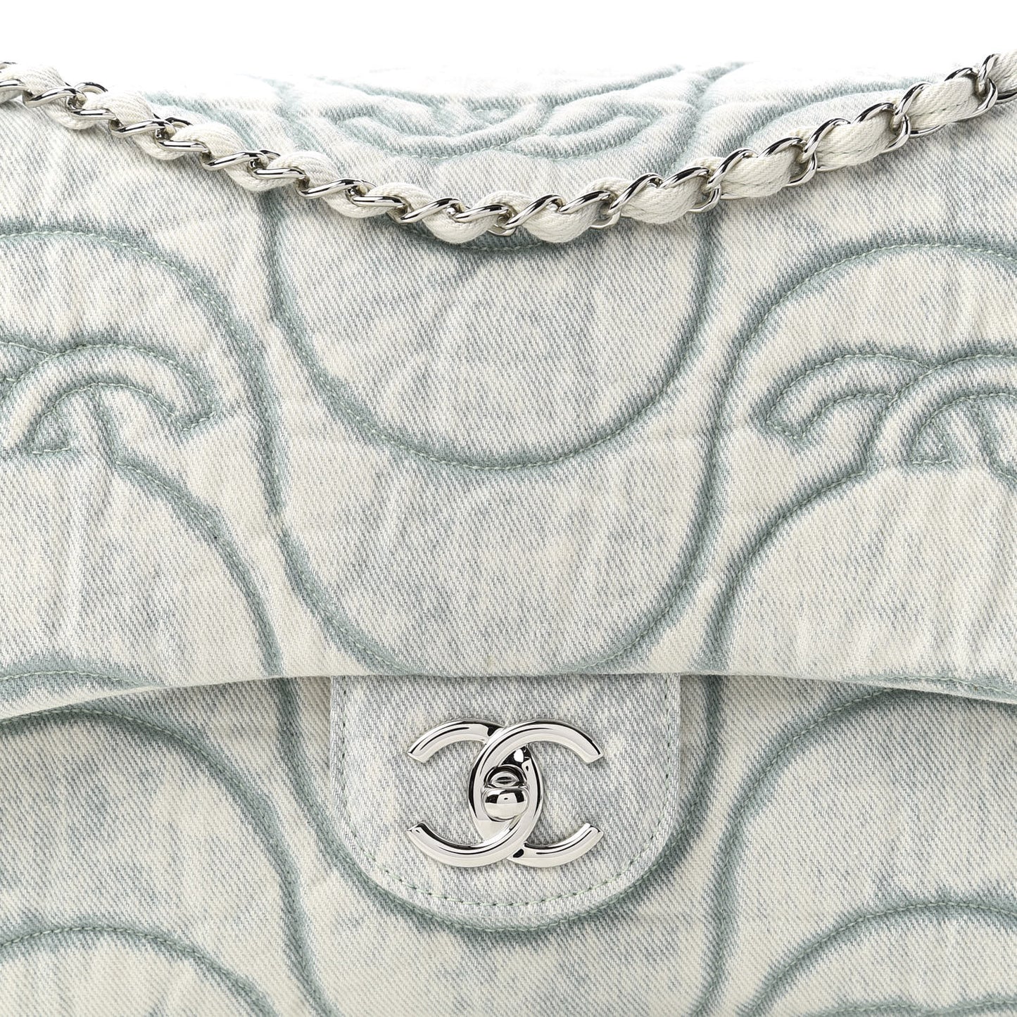 Denim Embossed CC Logo Print Jumbo Single Flap Blue