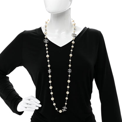 Chanel Graduated Pearl Crystal CC Long Necklace Silver 2 of 6