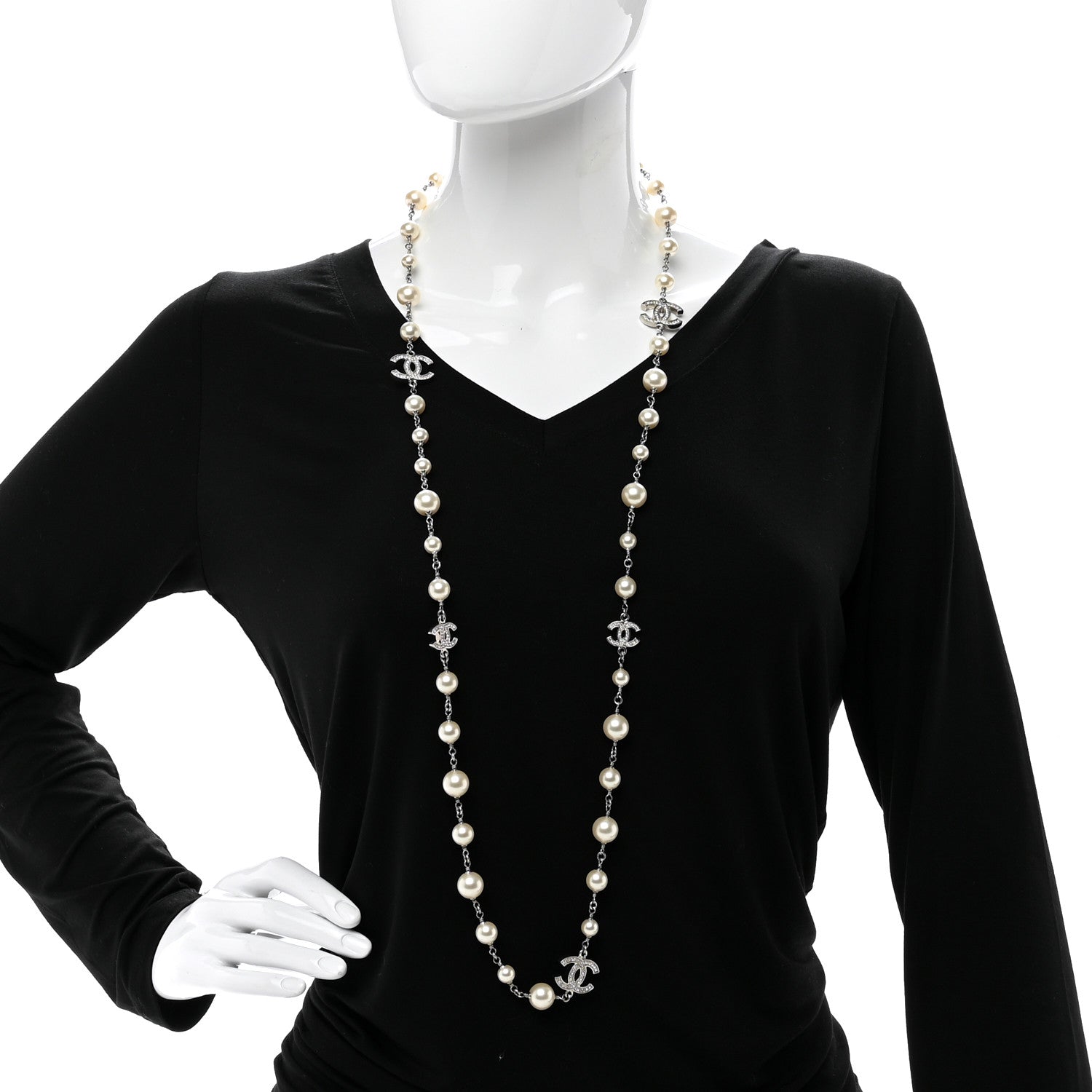 Chanel Graduated Pearl Crystal CC Long Necklace Silver 2 of 4