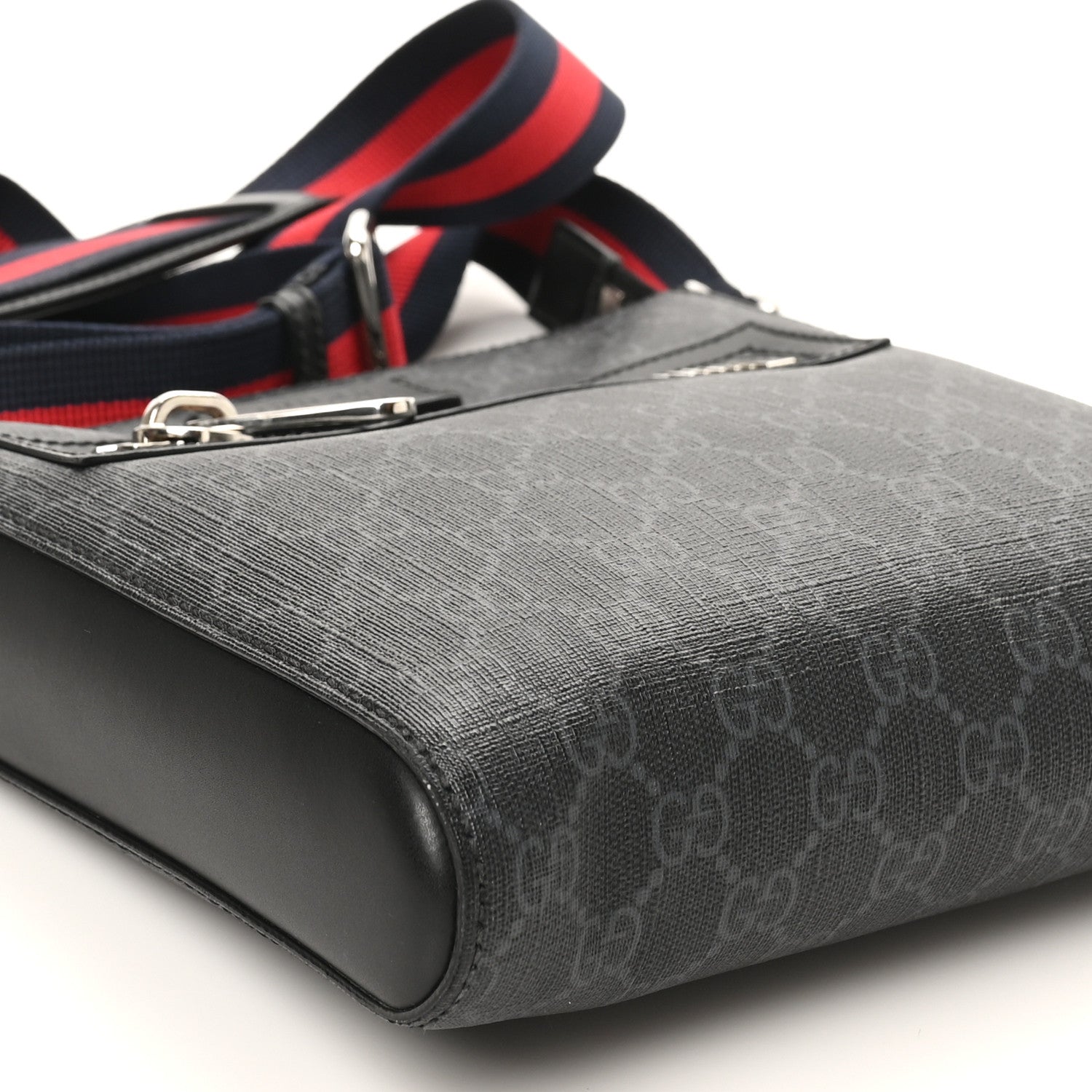 Gucci GG Supreme Monogram Web Small Flat Messenger Bag Black Grey 9 of 10