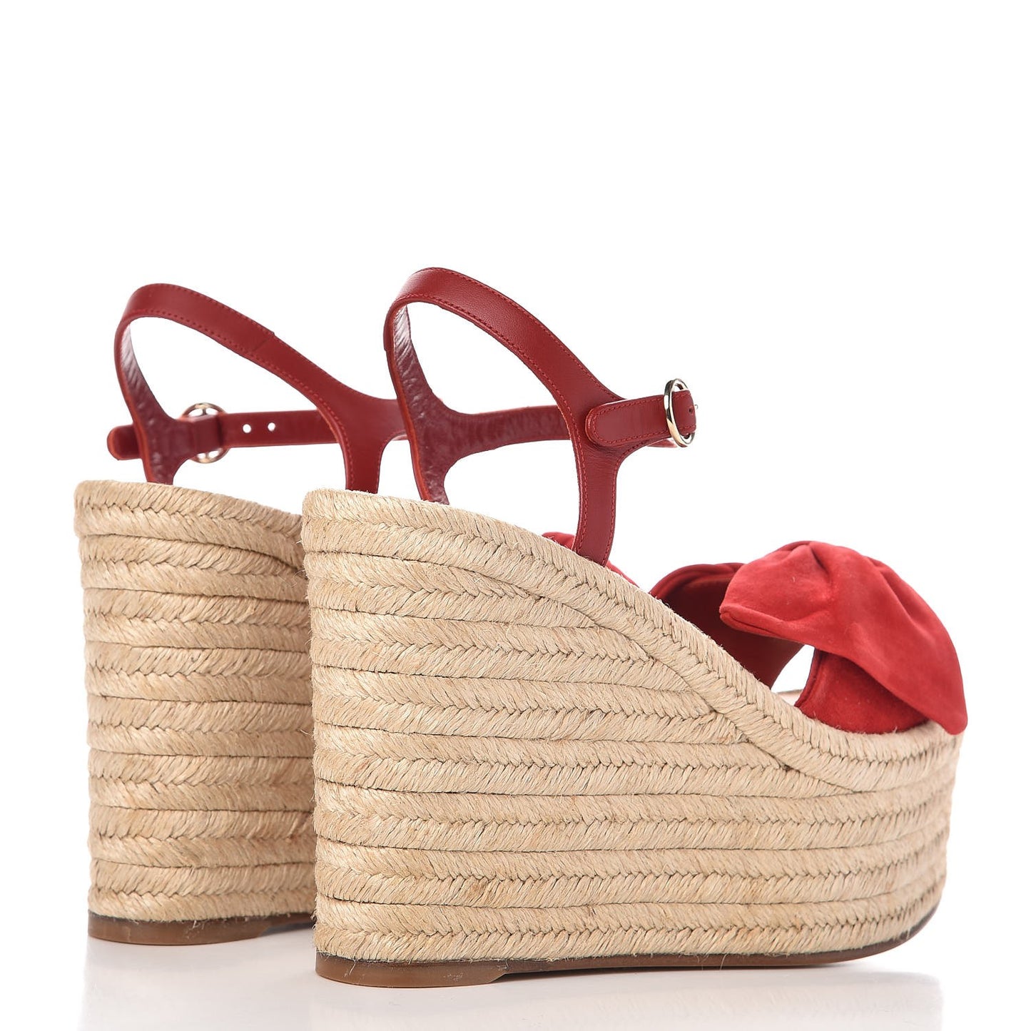 Suede Calfskin Tropical Bow Espadrille Platform Wedge Sandals 37 Red