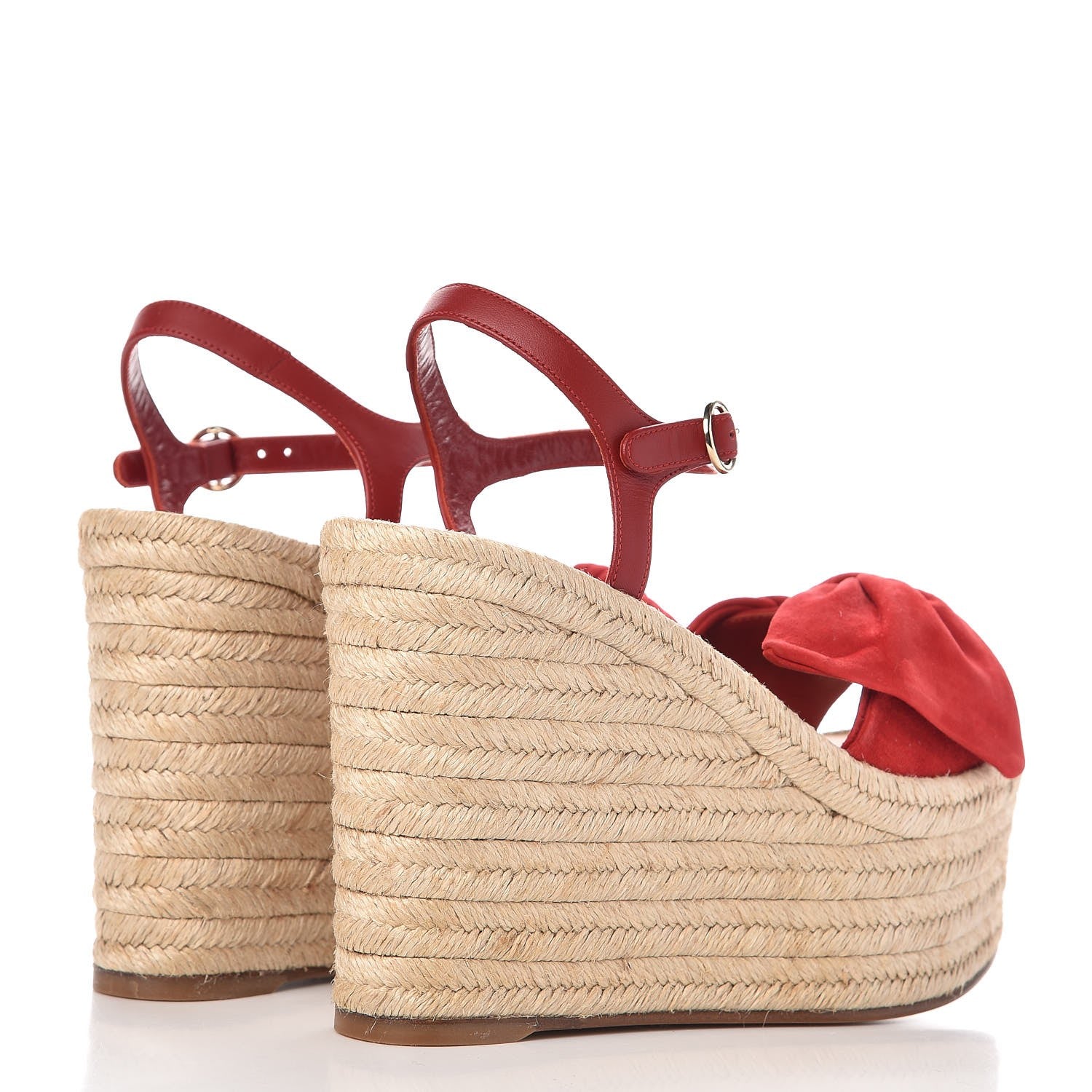 Valentino Garavani Suede Calfskin Tropical Bow Espadrille Platform Wedge Sandals 37 Red 4 of 9