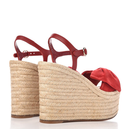Valentino Garavani Suede Calfskin Tropical Bow Espadrille Platform Wedge Sandals 37 Red 4 of 9