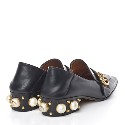 Gucci Betis Glamour Calfskin Web Pearl Embellished Peyton 35mm Loafer Pumps 37 Black 4 of 22