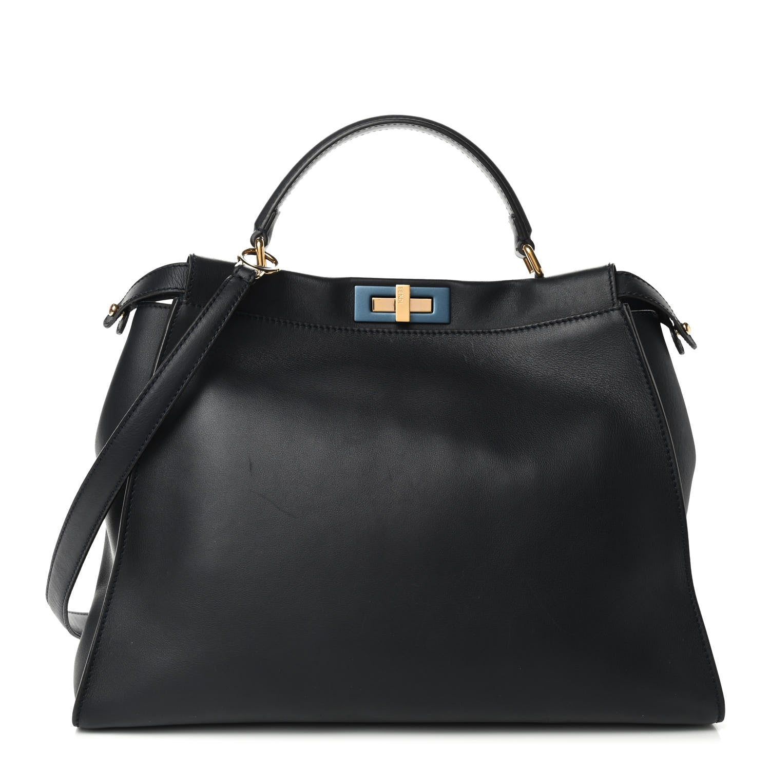 Fendi Vitello Seta Shiny Nappa Large Peekaboo Iconic Satchel Blue Notte Turchese 1 of 9