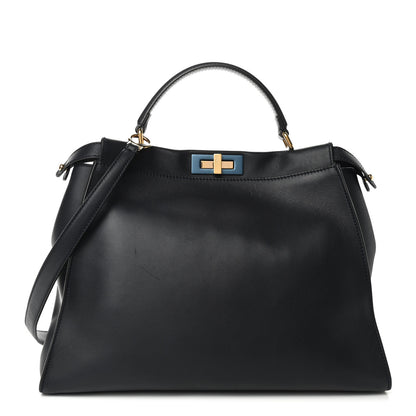 Fendi Vitello Seta Shiny Nappa Large Peekaboo Iconic Satchel Blue Notte Turchese 1 of 9
