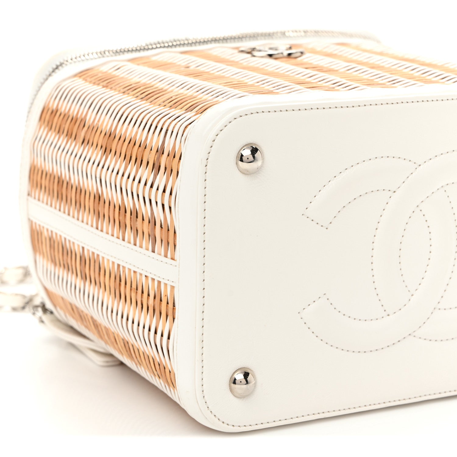 Chanel Glazed Calfskin Raffia Vanity Case Bag White Beige 9 of 12