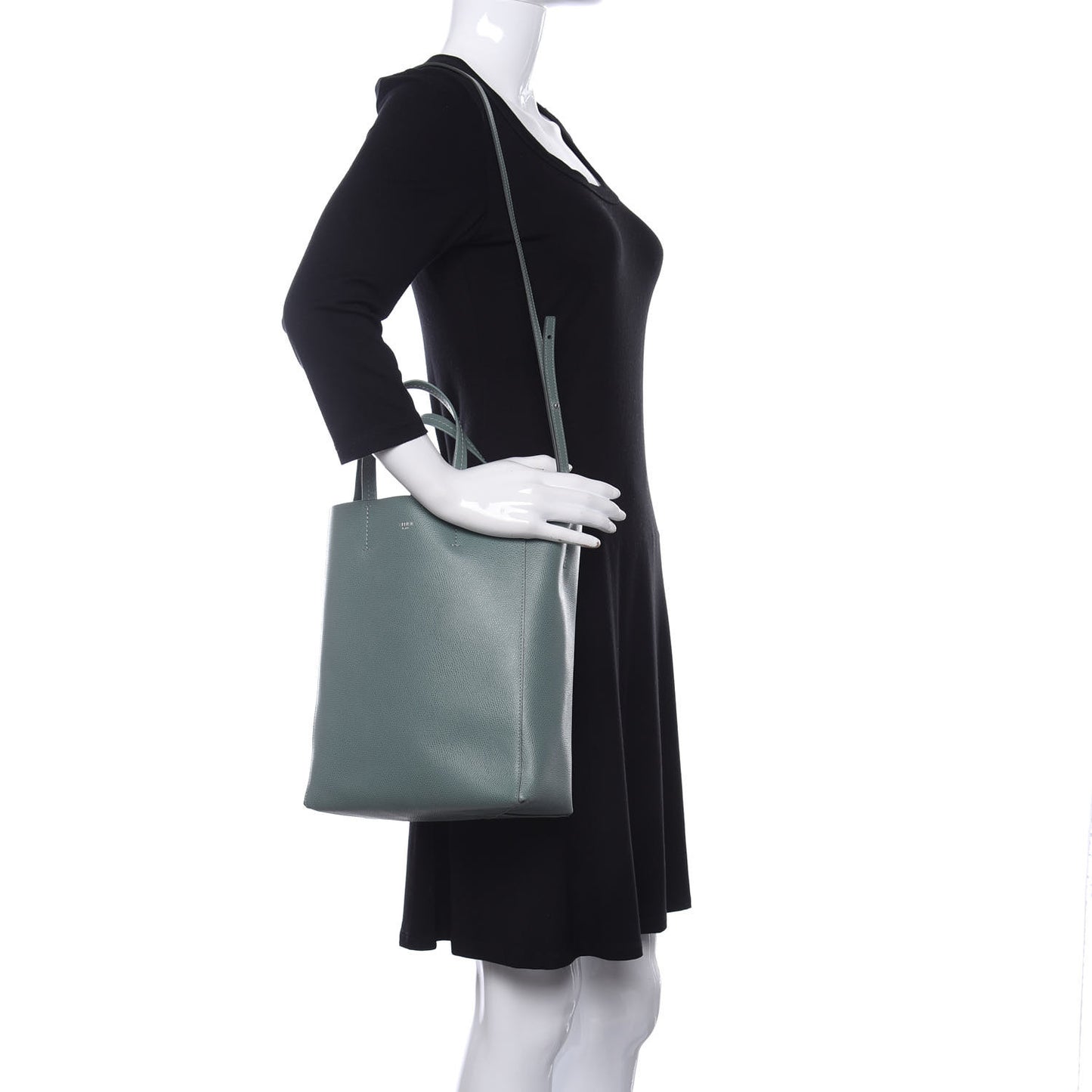 Grained Calfskin Small Vertical Cabas Green