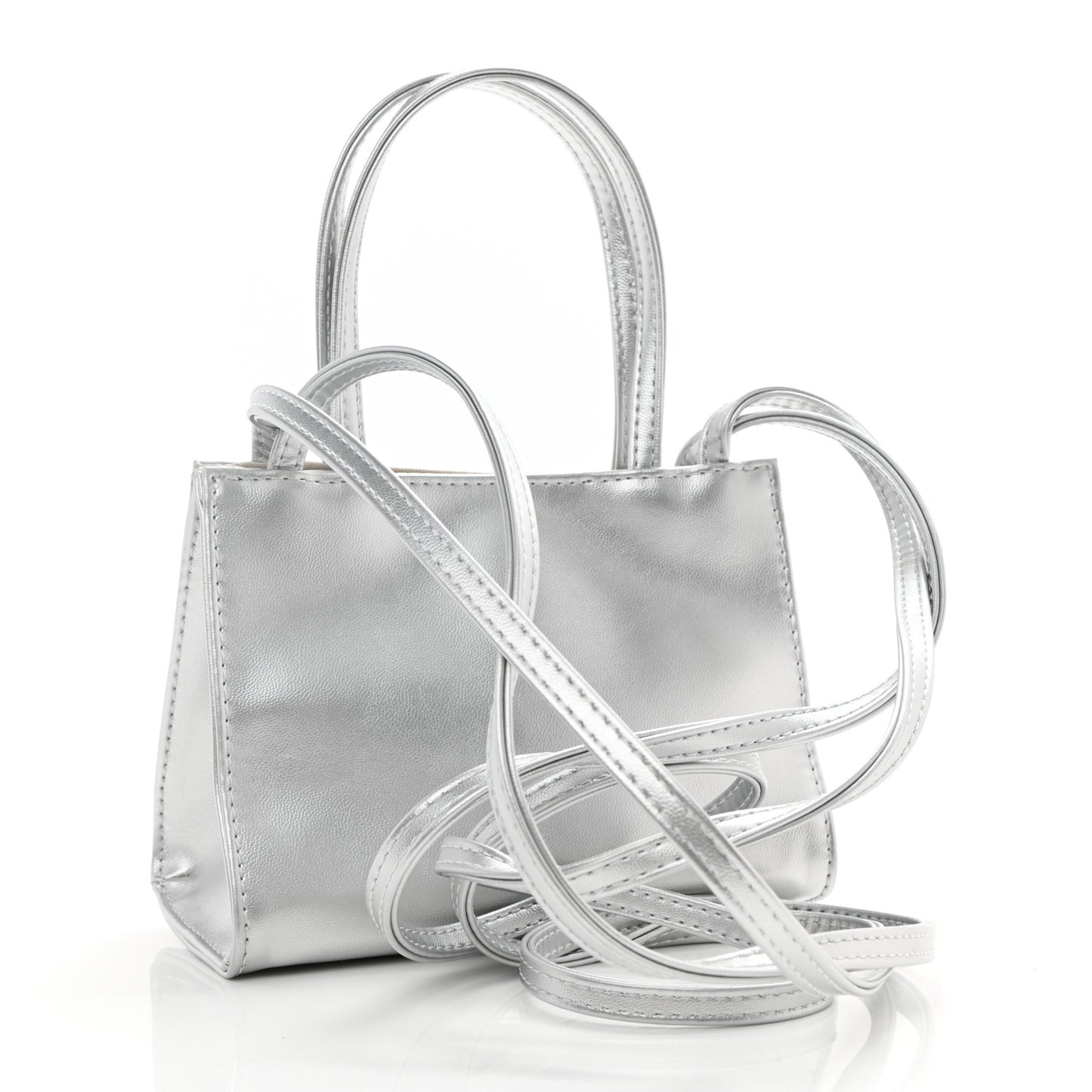 Metallic Vegan Leather Small Shopping Bag Silver