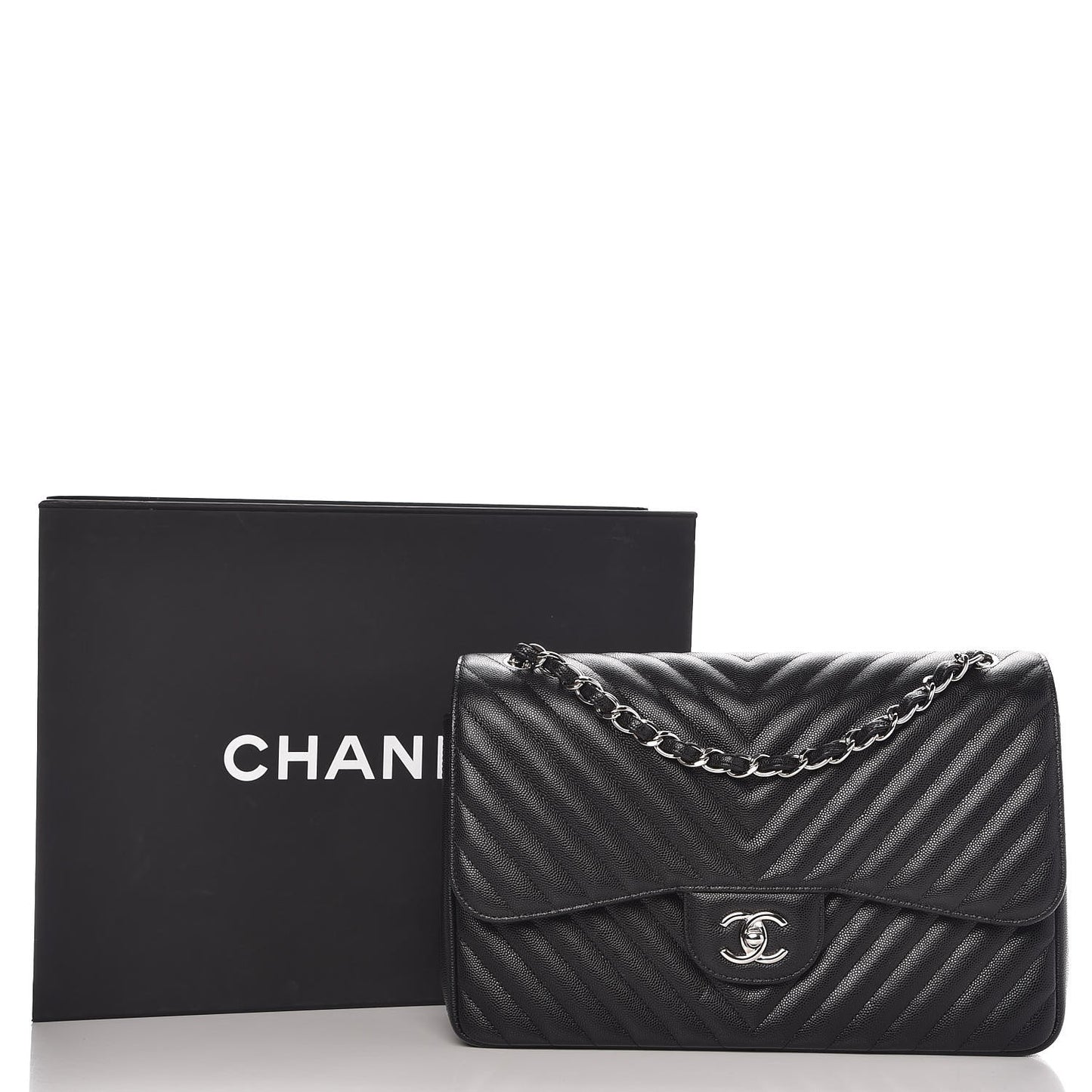 Metallic Caviar Chevron Quilted Jumbo Double Flap Black