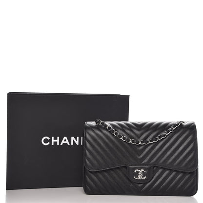 Chanel Metallic Caviar Chevron Quilted Jumbo Double Flap Black 9 of 9