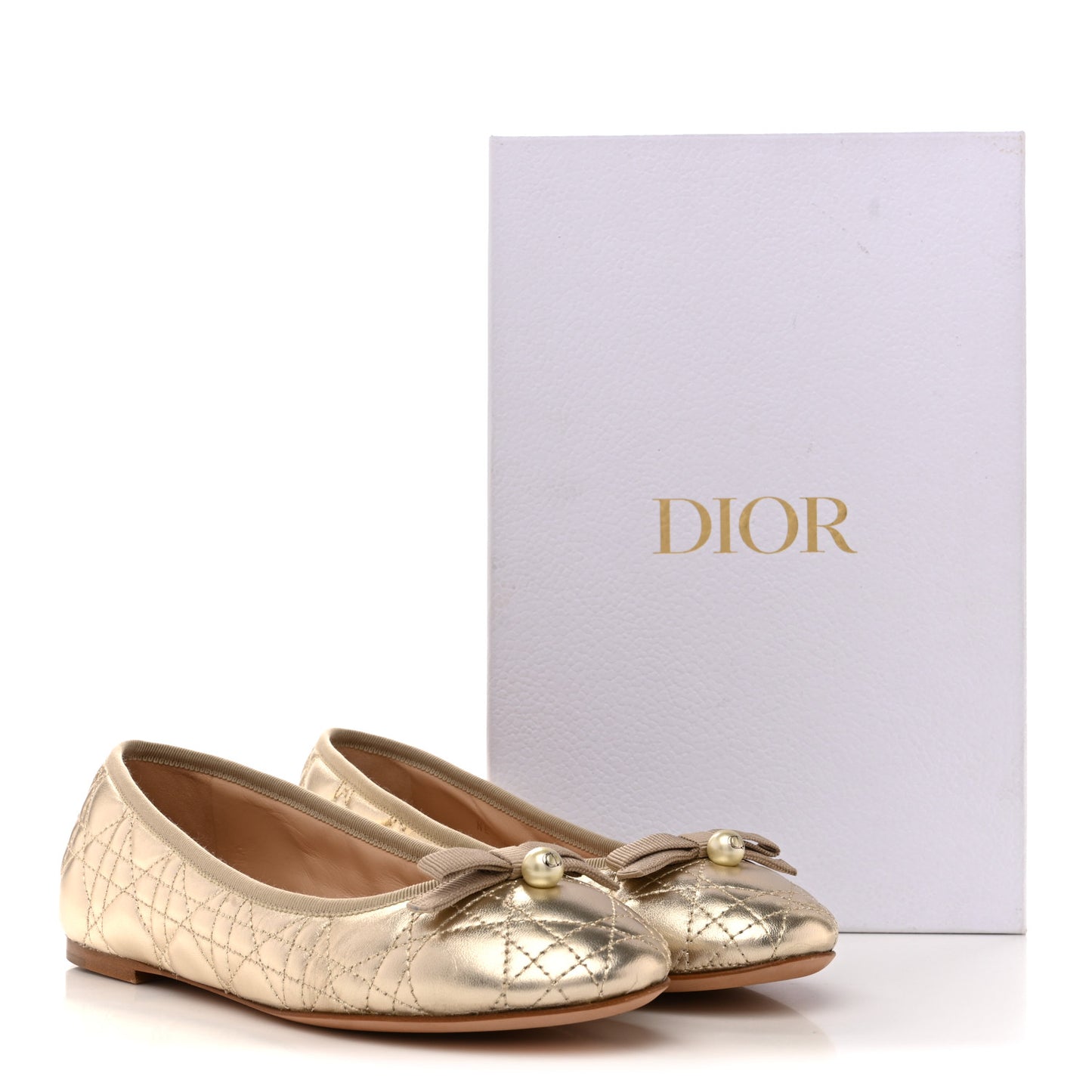Metallic Lambskin Cannage Pearl Bow Ballet Flats 38 Pale Gold