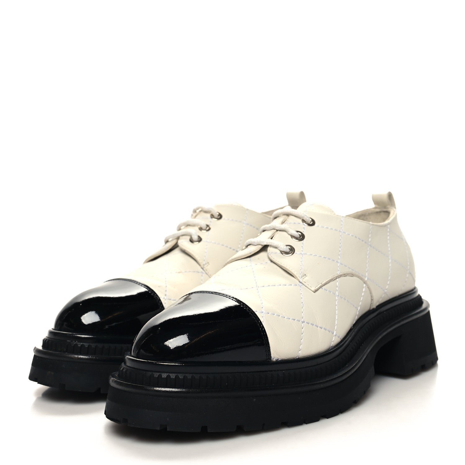 Chanel Calfskin Patent Stitched Cap Toe Lace Up Oxfords 38 White Black 3 of 8