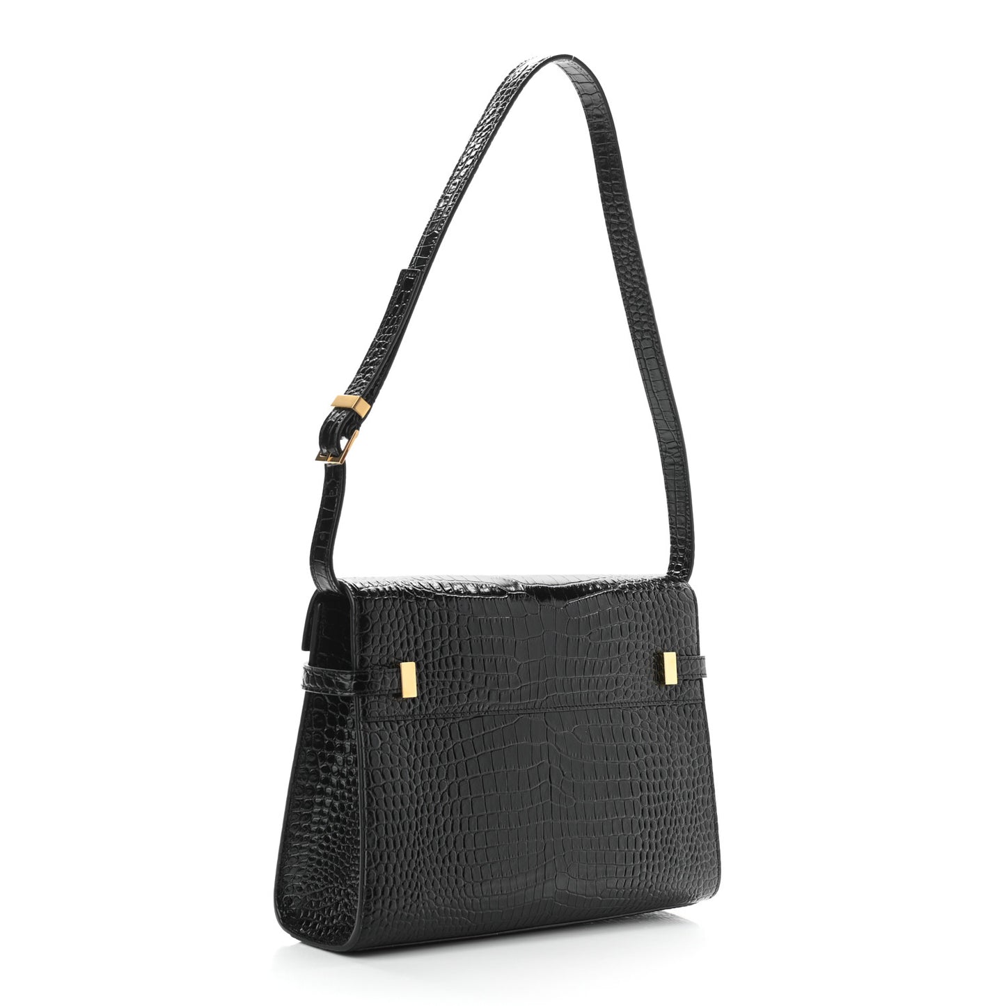 Shiny Calfskin Crocodile Embossed Manhattan Baguette Black