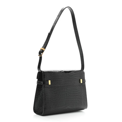 Saint Laurent Shiny Calfskin Crocodile Embossed Manhattan Baguette Black 3 of 9