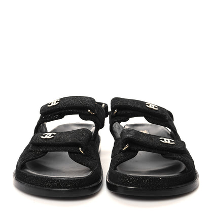 Chanel Suede Calfskin Glitter Crystal Velcro Dad Sandals 38.5 Black 2 of 7