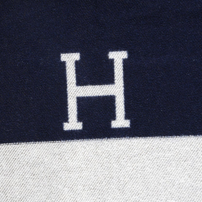 Hermes Wool Cashmere Signature Avalon Blanket Navy Ecru 3 of 5