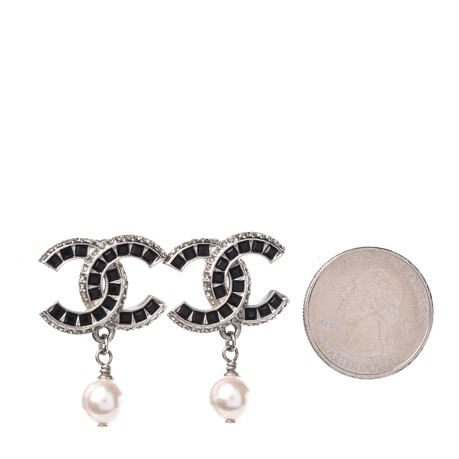 Chanel Baguette Crystal Pearl CC Drop Earrings Silver 2 of 4