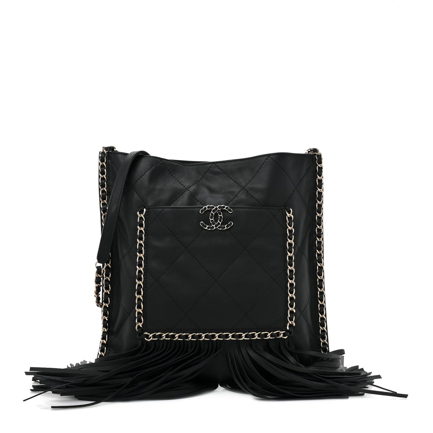 Calfskin Quilted Fringe Shopping Bag Black