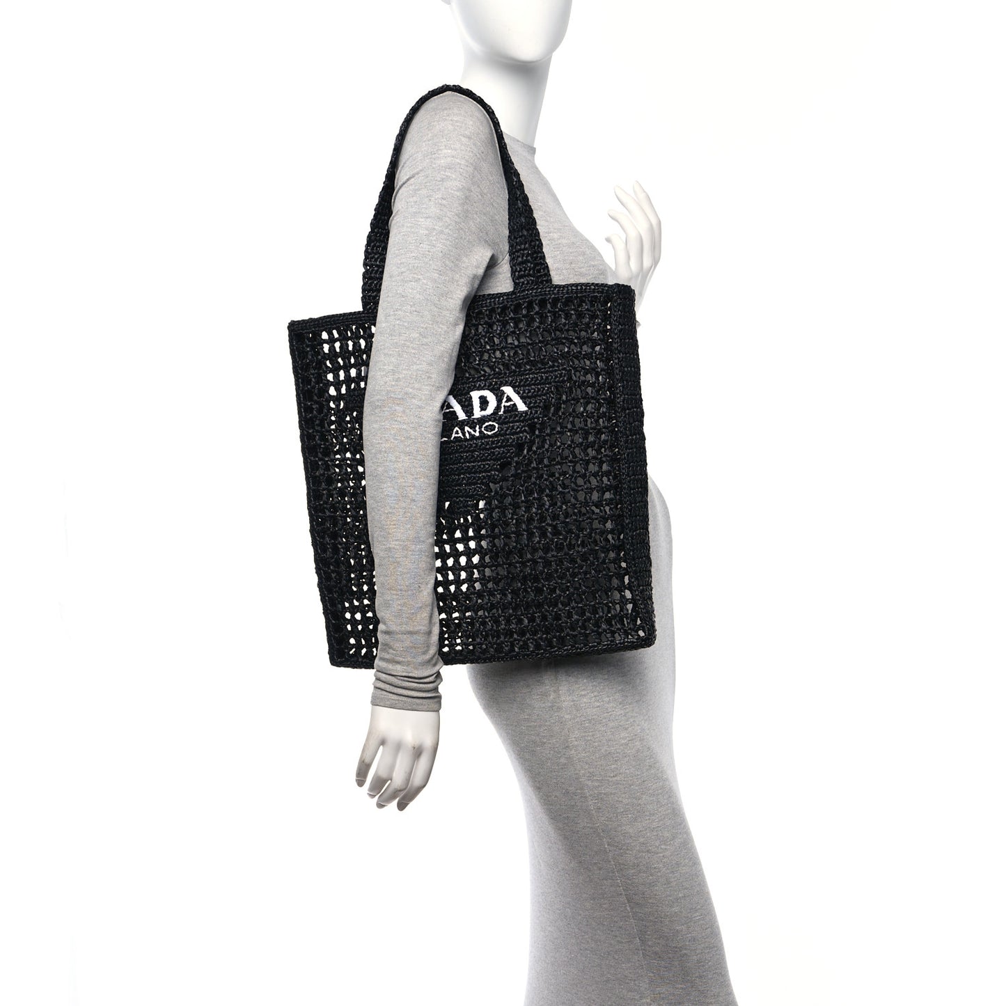 Yarn Raffia Effect Crochet Logo Embroidered Tote Bag Black