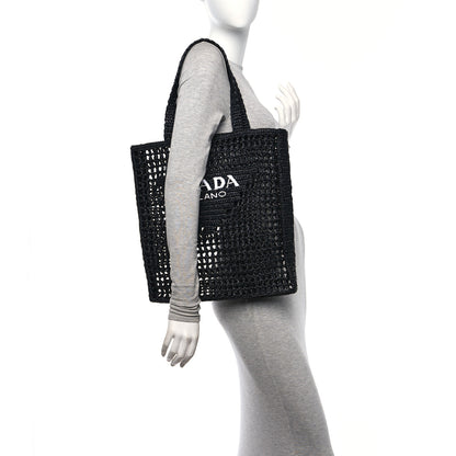 Prada Yarn Raffia Effect Crochet Logo Embroidered Tote Bag Black 2 of 9