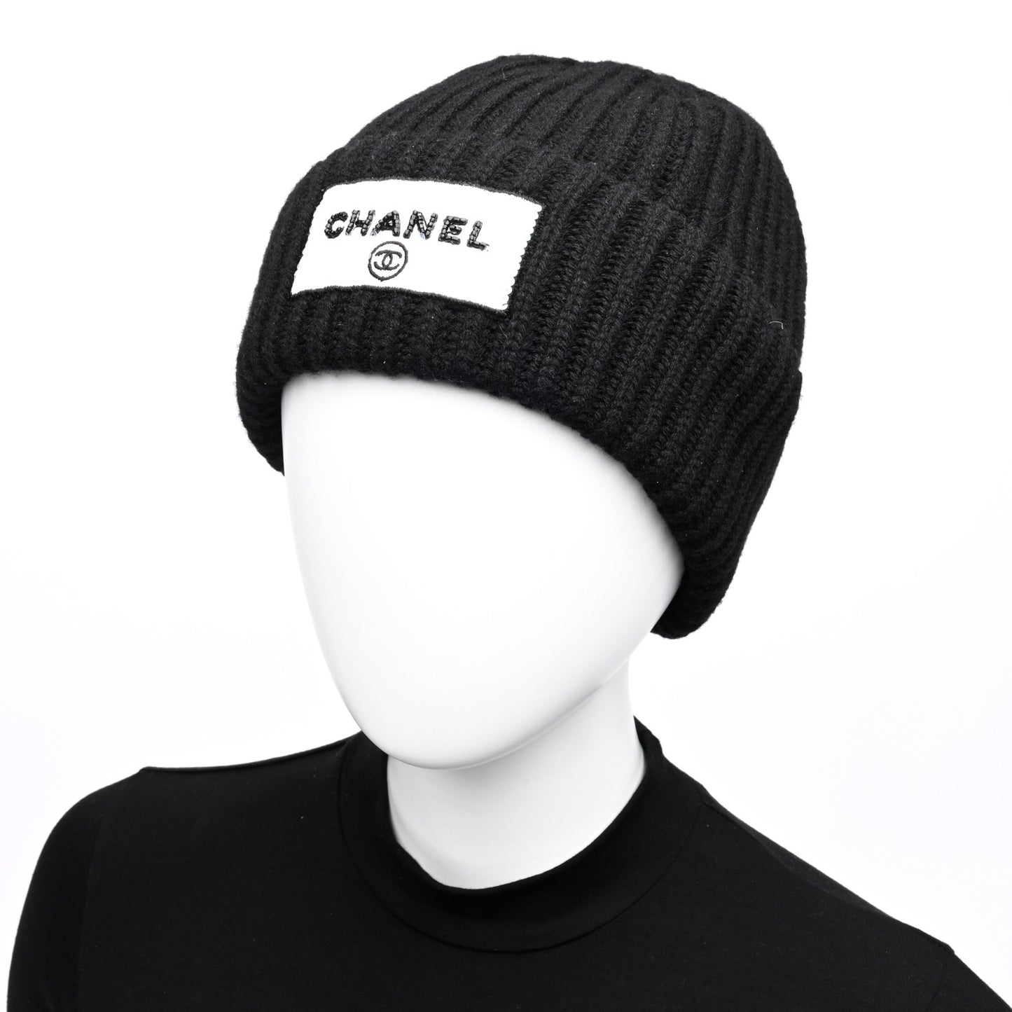 Cashmere Beaded Sequin Logo Beanie Hat Black