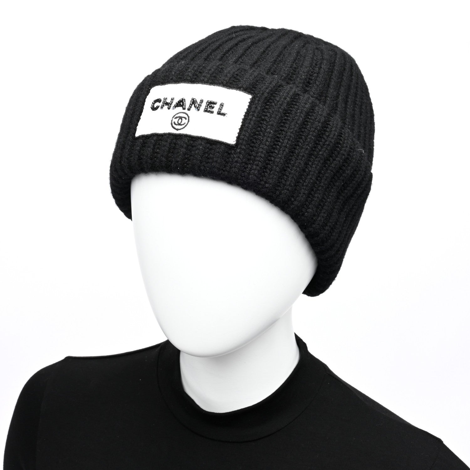 Chanel Cashmere Beaded Sequin Logo Beanie Hat Black 2 of 5