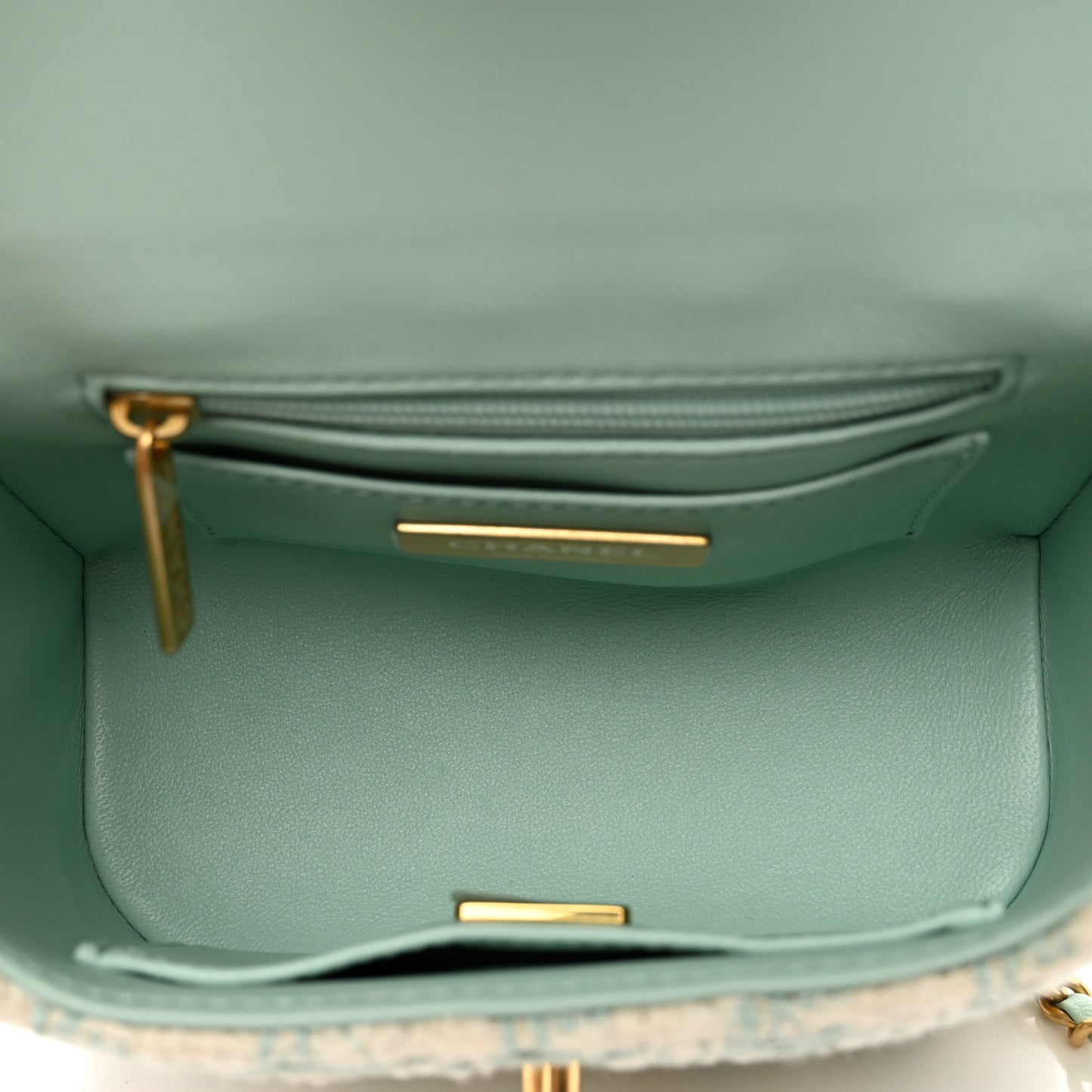 Tweed Handle Crush Top Handle Flap Bag Light Blue Ecru
