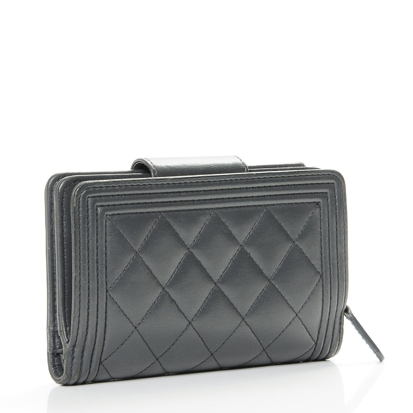 Lambskin Quilted Boy Large Zip Pocket Wallet Dark Grey