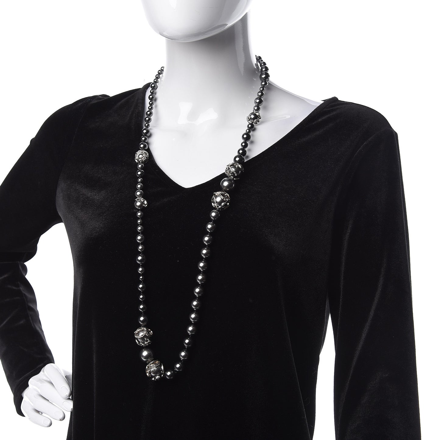 Ruthenium Pearl Beaded CC Long Necklace Black