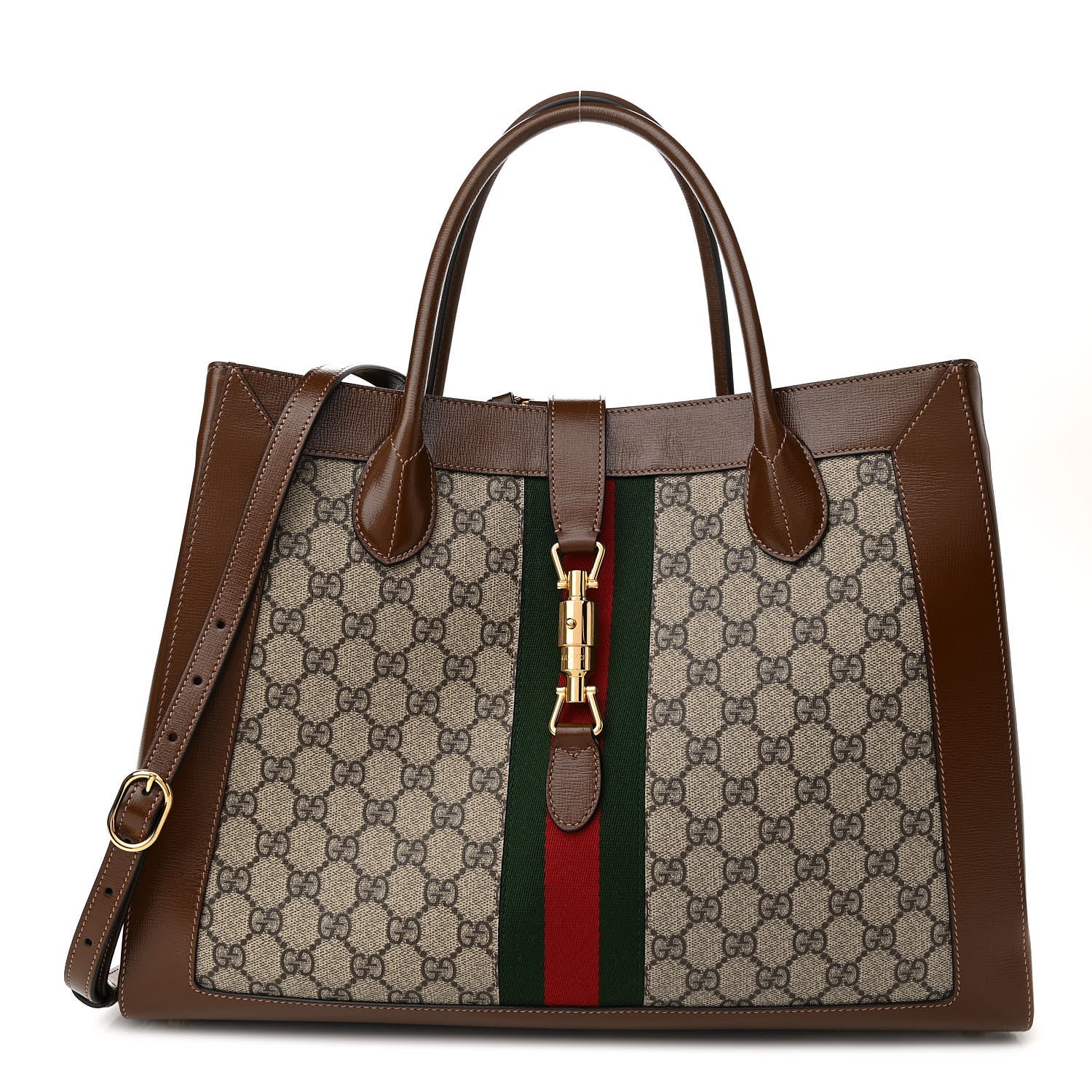 Gucci GG Supreme Monogram Azalea Calfskin Web Large Jackie 1961 Tote Beige Ebony Brown Sugar 1 of 10