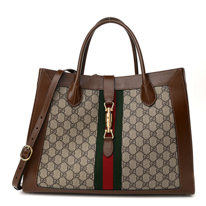 Gucci GG Supreme Monogram Azalea Calfskin Web Large Jackie 1961 Tote Beige Ebony Brown Sugar 1 of 10