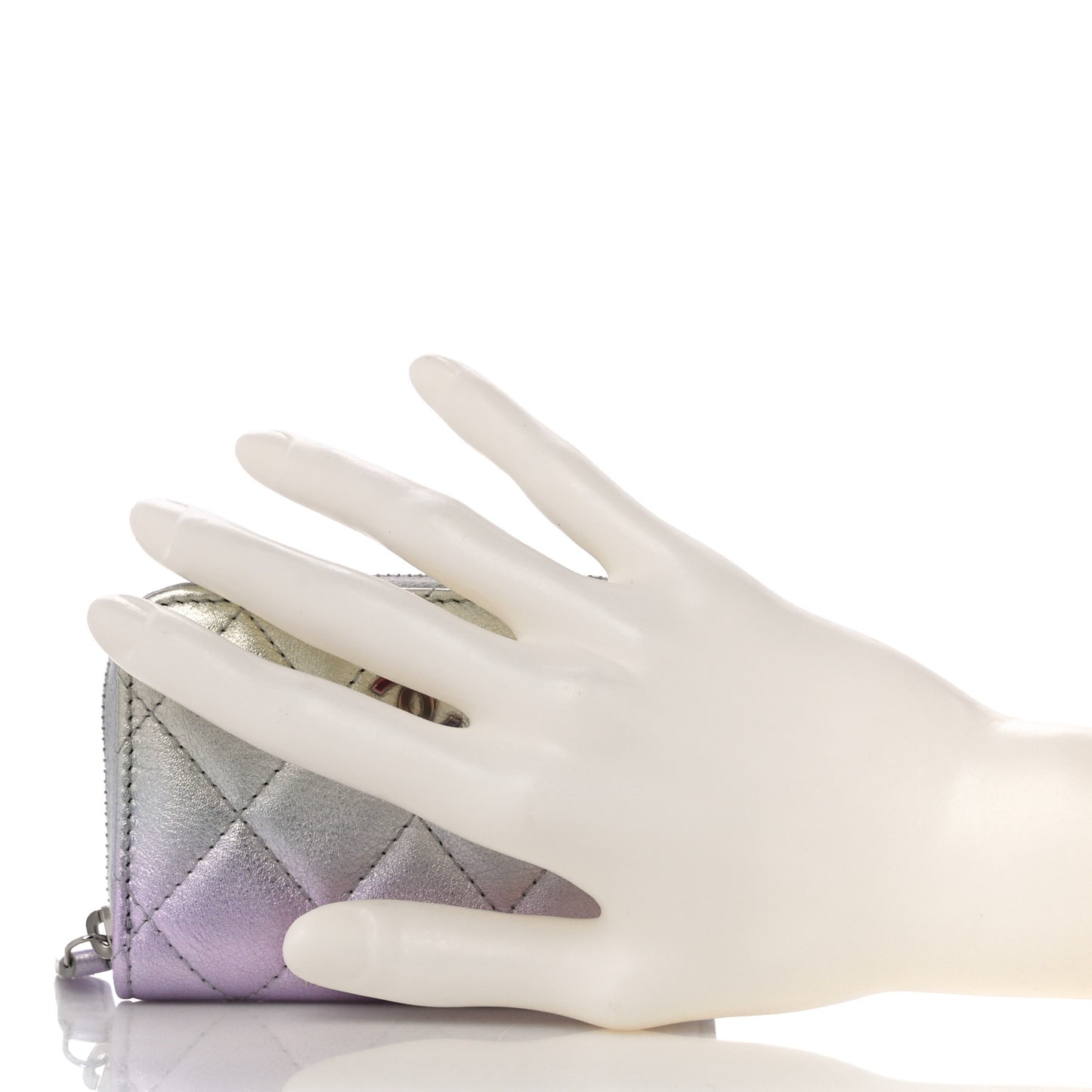 Gradient Metallic Calfskin Quilted Zip Around Coin Purse Wallet Silver Blue Yellow Purple
