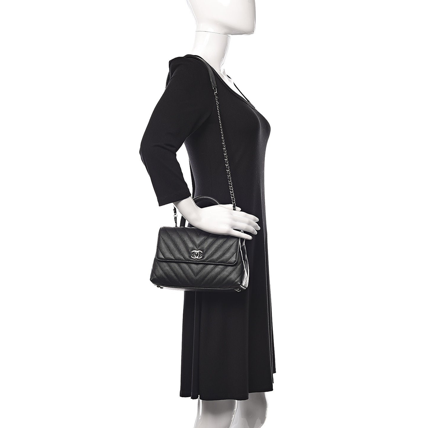 Caviar Chevron Quilted Mini Coco Handle Flap Black