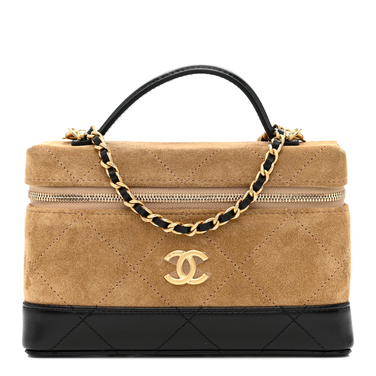 Suede Calfskin Shiny Lambskin Quilted Top Handle Slim Vanity Case With Chain Beige Black