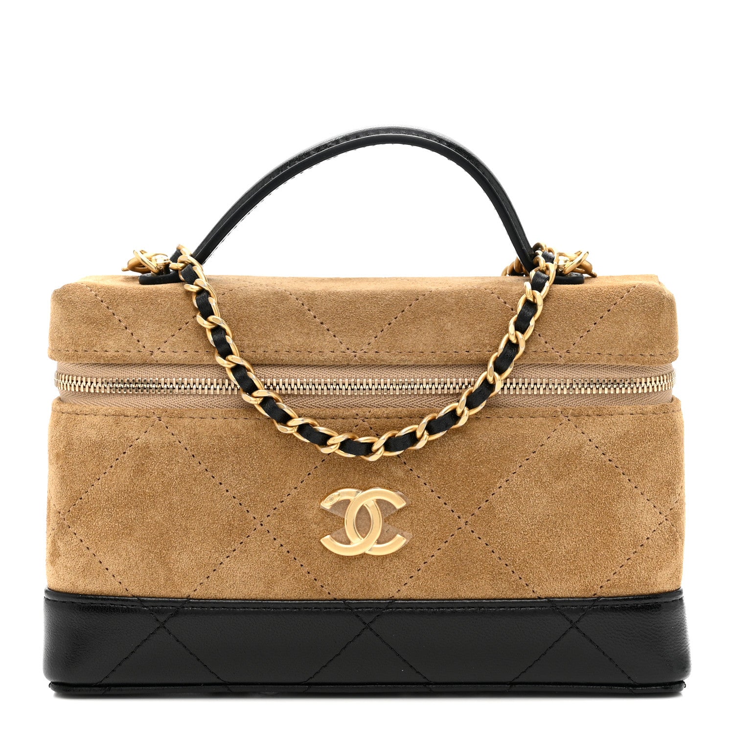 Chanel Suede Calfskin Shiny Lambskin Quilted Top Handle Slim Vanity Case With Chain Beige Black 1 of 11