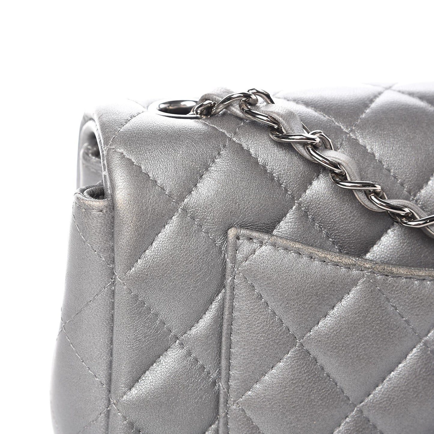Metallic Lambskin Quilted Mini Rectangular Flap Silver