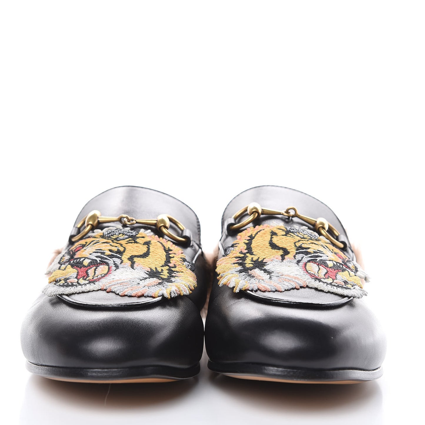 Calfskin Lambswool Tiger Embroidered Womens Princetown Slippers 37.5 Black