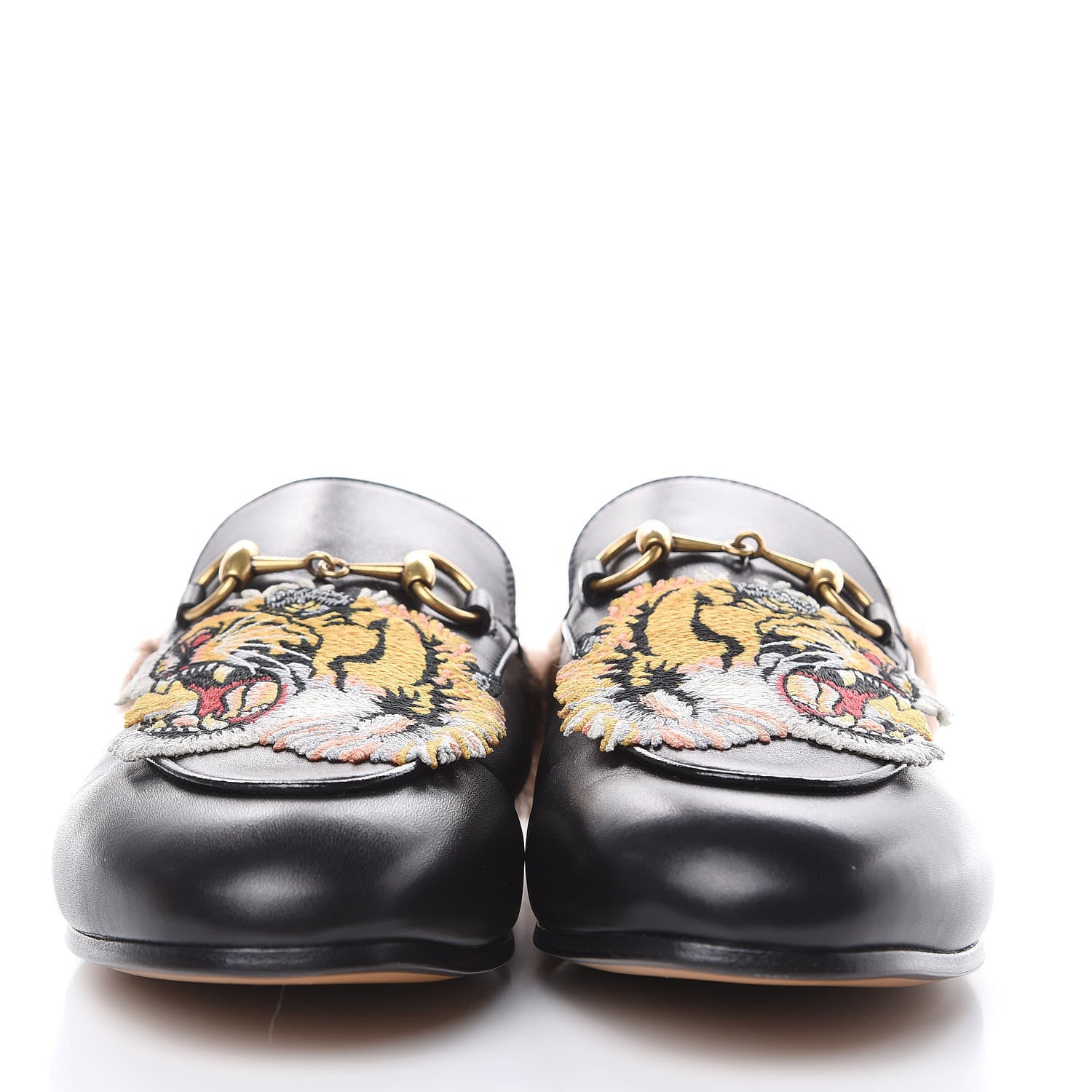 Gucci Calfskin Lambswool Tiger Embroidered Womens Princetown Slippers 37.5 Black 2 of 9