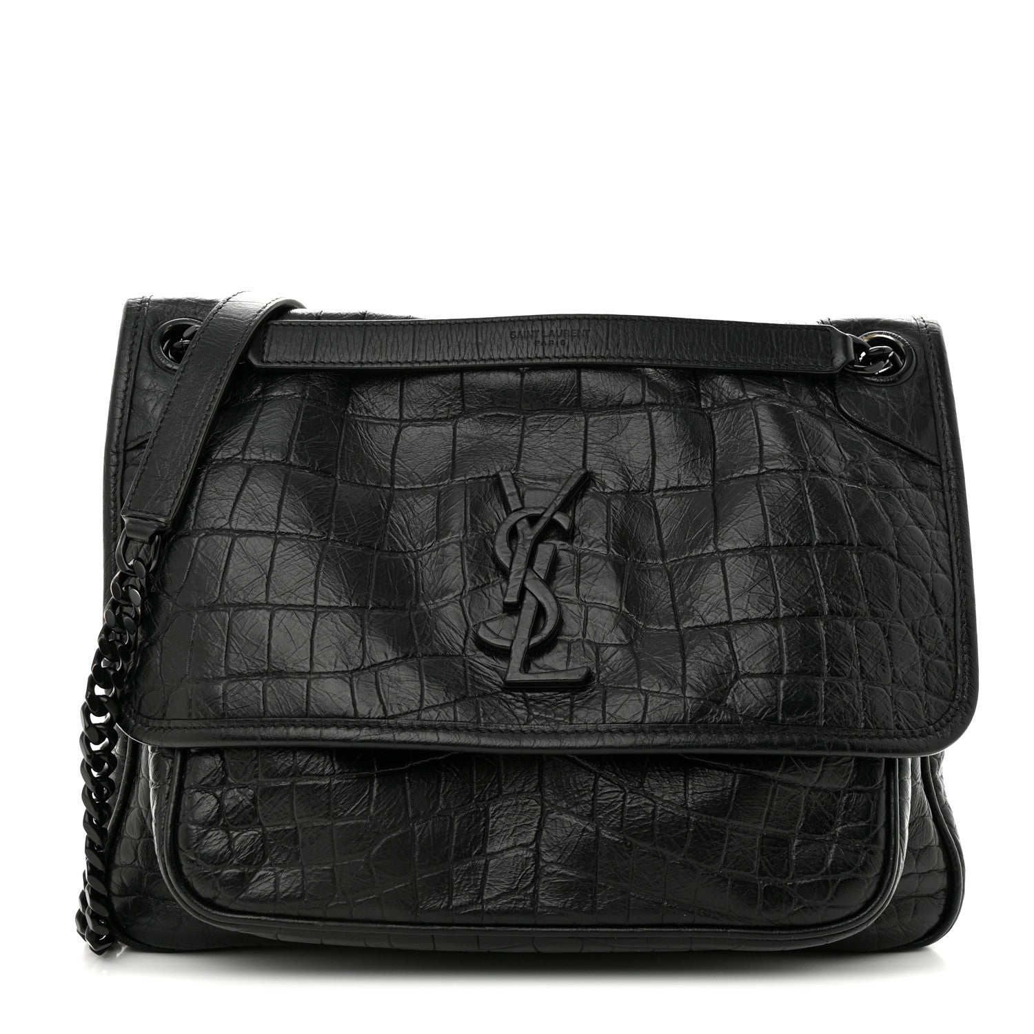 Saint Laurent Crocodile Embossed Lambskin Monogram Medium Niki Chain Satchel Black 1 of 12