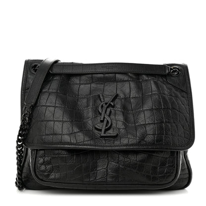 Saint Laurent Crocodile Embossed Lambskin Monogram Medium Niki Chain Satchel Black 1 of 12