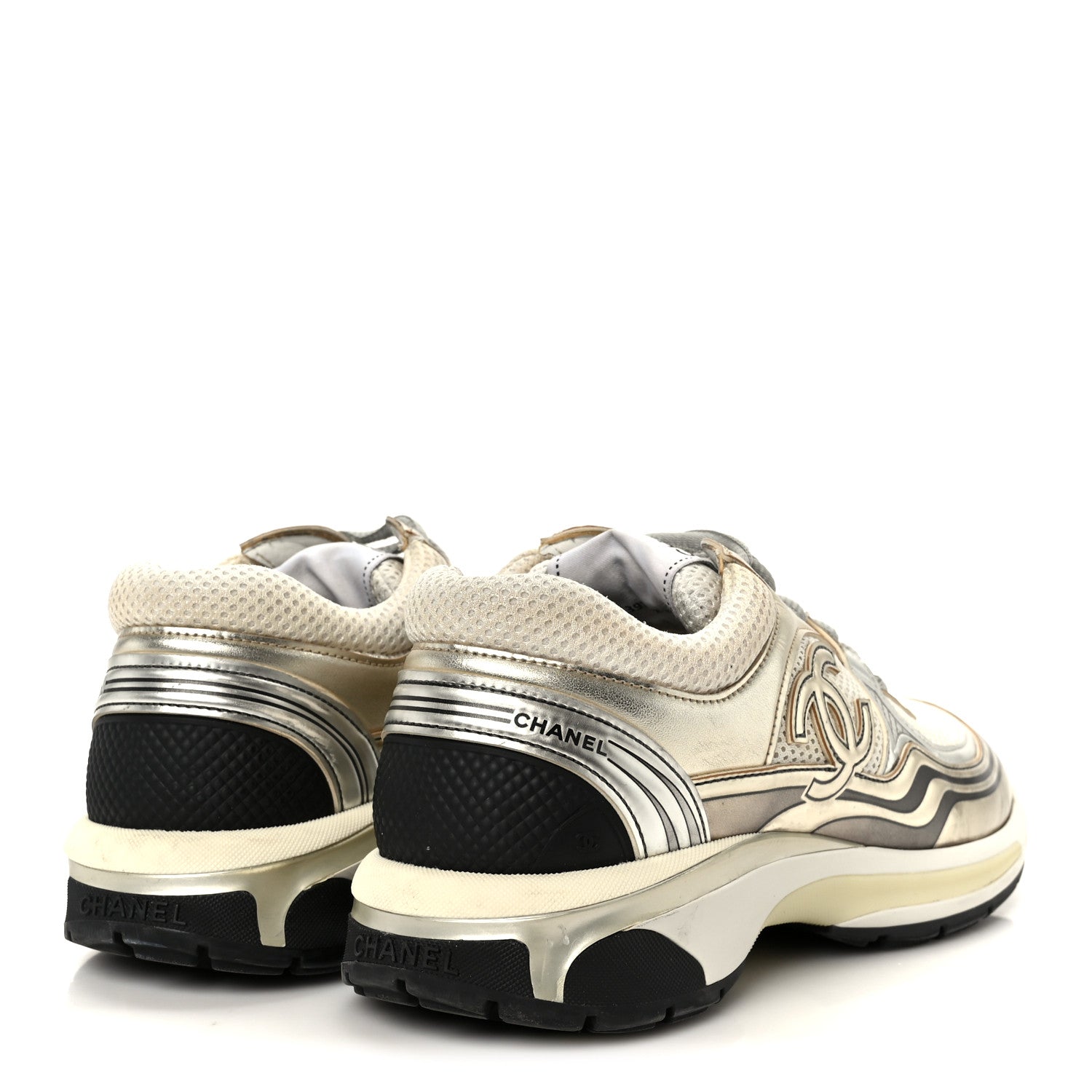 Chanel Fabric Laminated Calfskin Stretch CC Sneakers 39.5 White Gold Silver 5 of 10