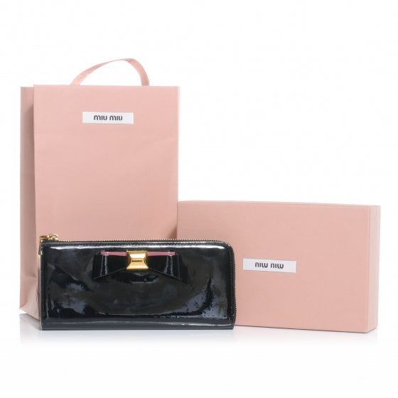 Patent Bow Zip Continental Wallet Black