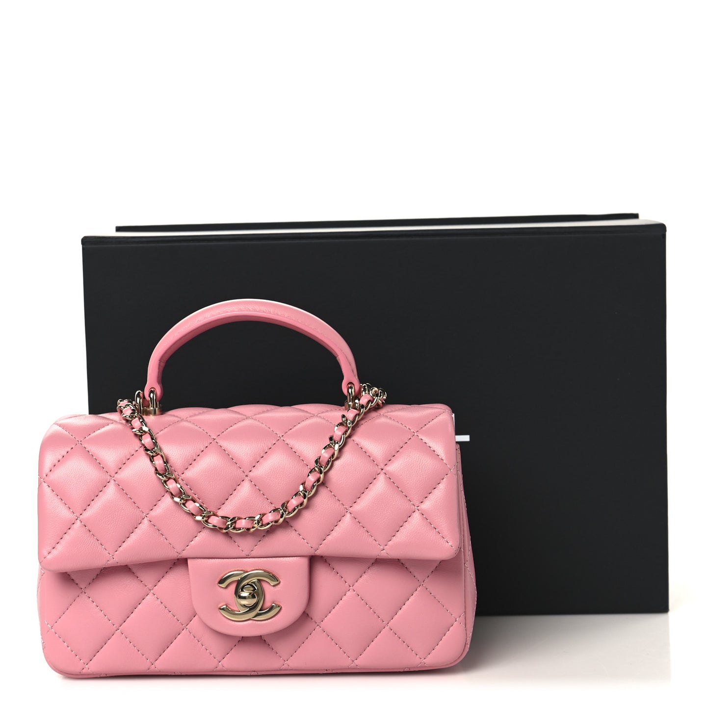 Lambskin Quilted Mini Top Handle Rectangular Flap Pink