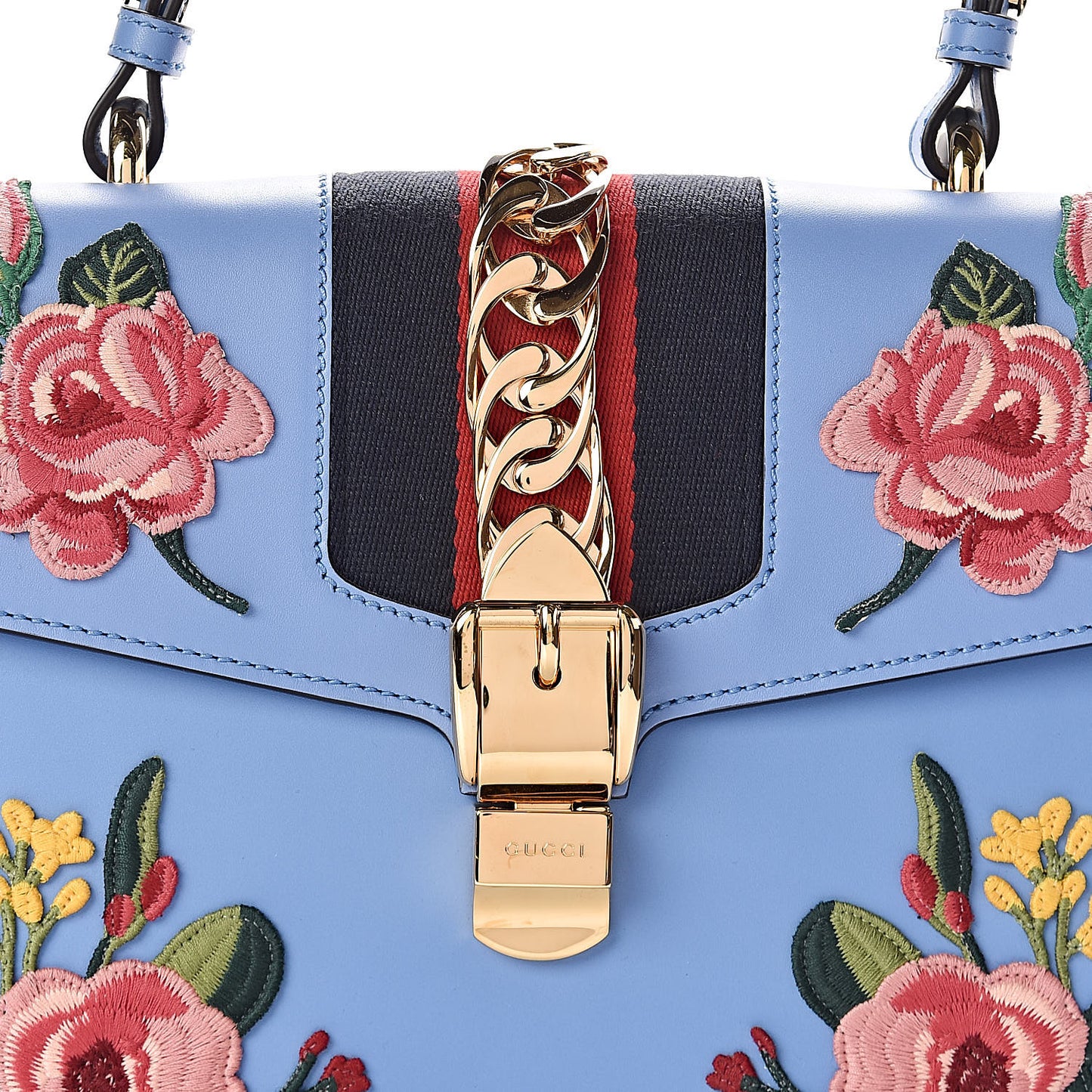 Calfskin Embroidered Medium Sylvie Top Handle Bag Clear Sky Blue