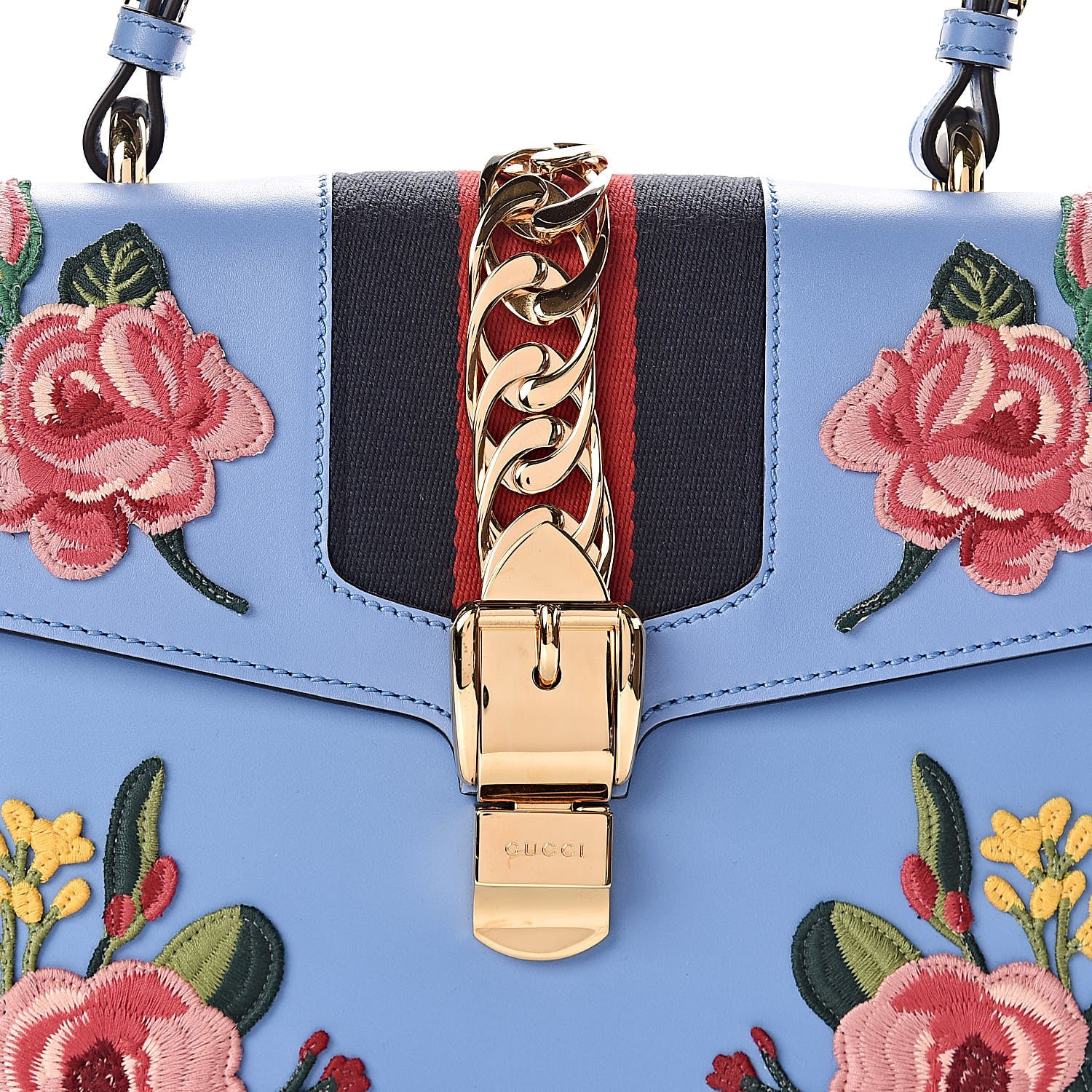 Gucci Calfskin Embroidered Medium Sylvie Top Handle Bag Clear Sky Blue 10 of 12