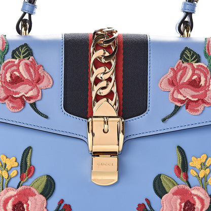 Gucci Calfskin Embroidered Medium Sylvie Top Handle Bag Clear Sky Blue 10 of 12