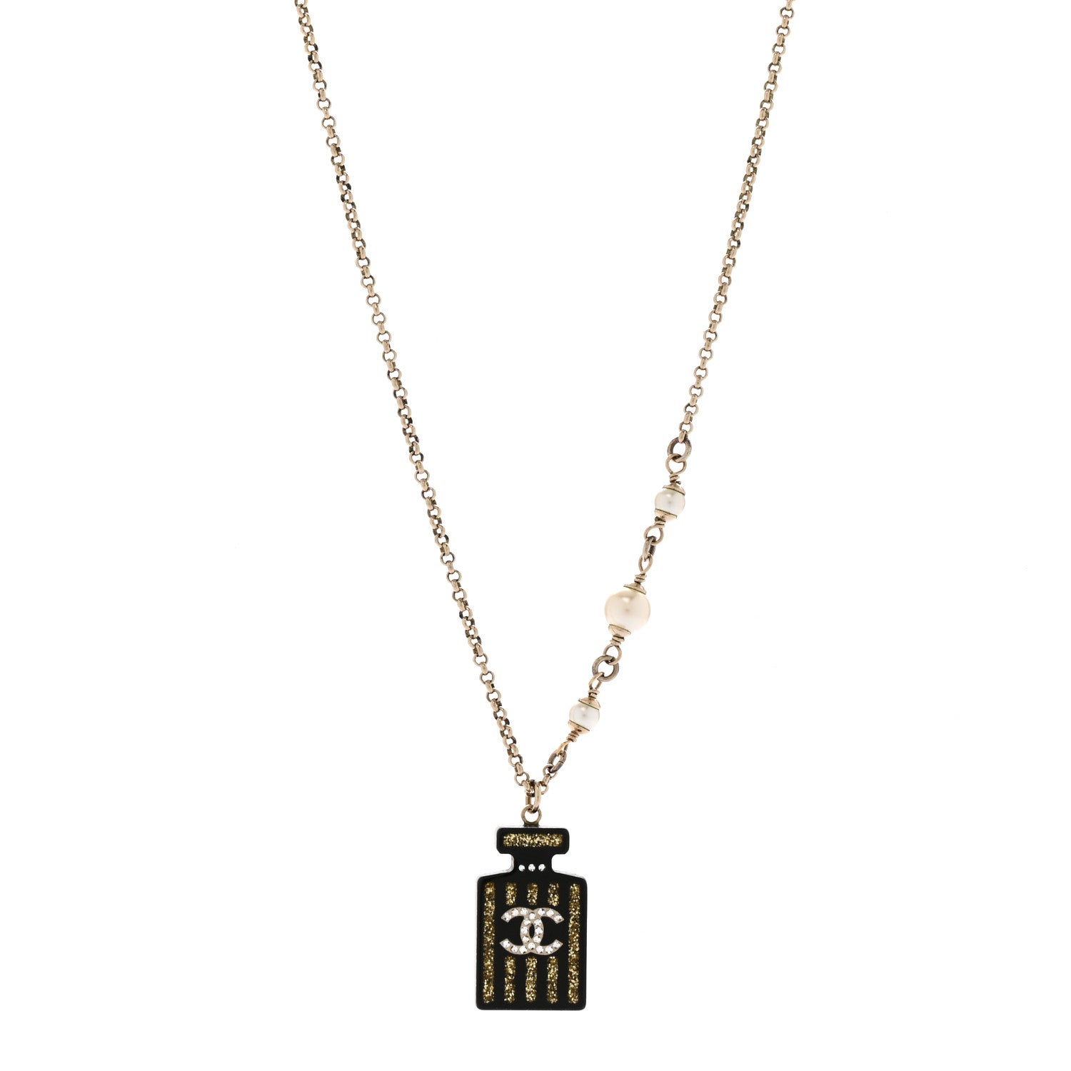 Chanel Resin Strass Pearl Perfume Bottle CC Necklace Black Gold 1 of 6