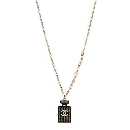 Chanel Resin Strass Pearl Perfume Bottle CC Necklace Black Gold 1 of 6