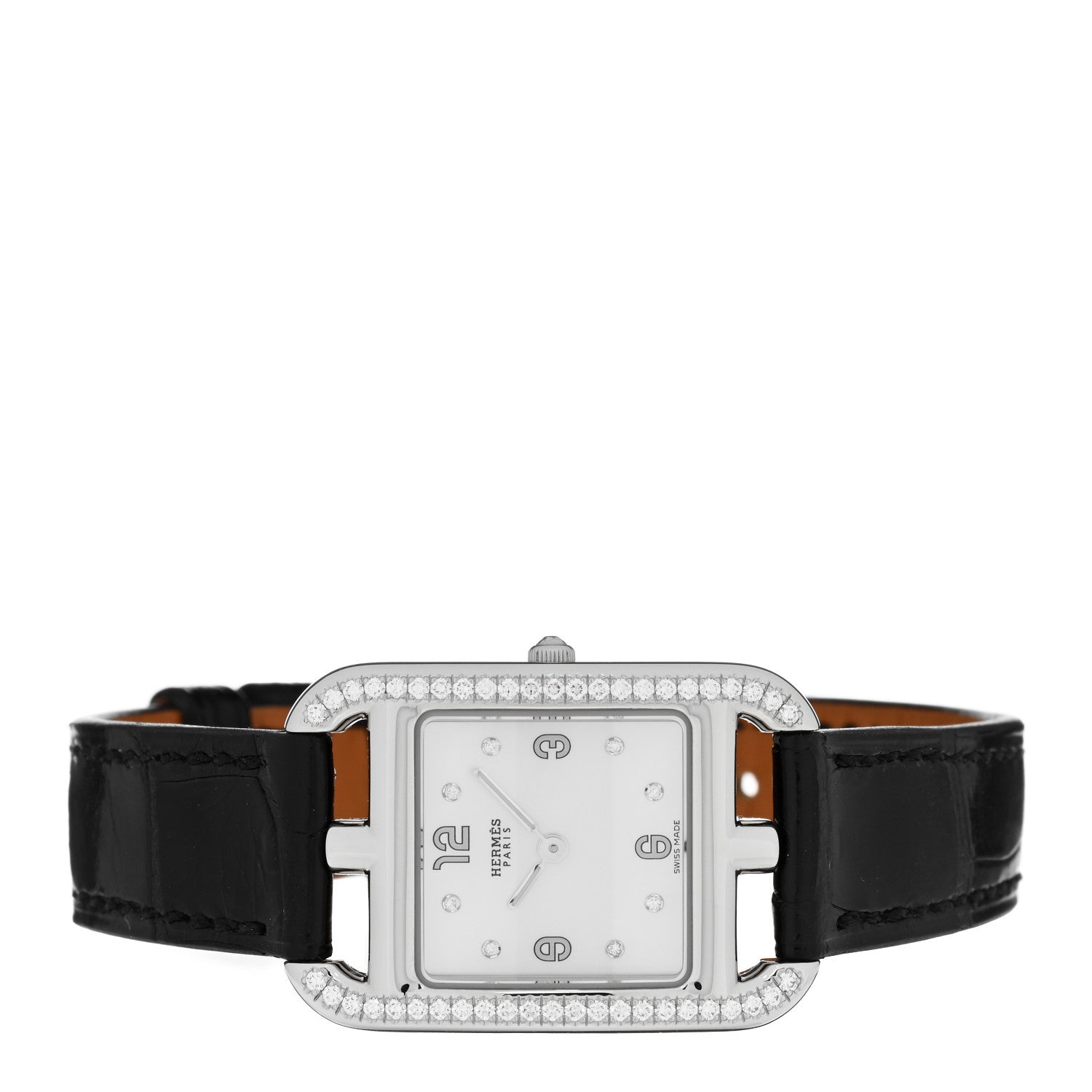 Hermes Stainless Steel Alligator Diamond Bezel Mother of Pearl 23mm Cape Cod Quartz Watch Noir 2 of 5